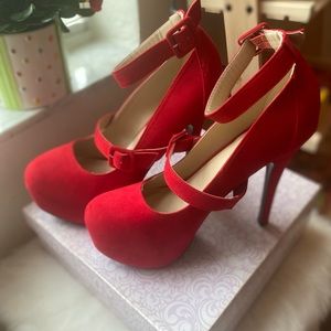 Red Block Heels in Suede